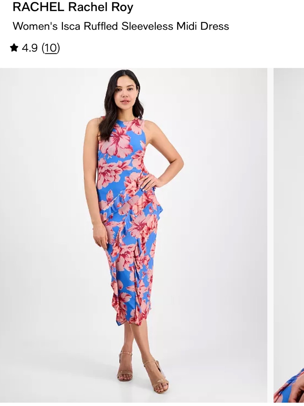 RACHEL Rachel Roy Blue Floral Ruffle Midi Dress with Pink Blooms